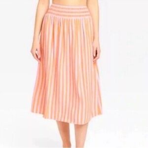a new day Orange and White Striped Midi Skirt